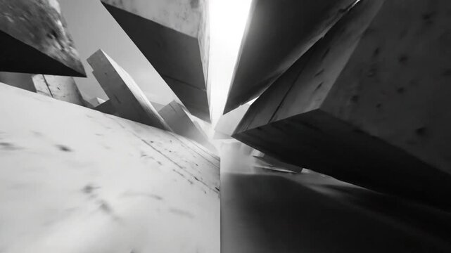 Abstract architecture with geometric concrete forms and motion, surreal futuristic construction concept