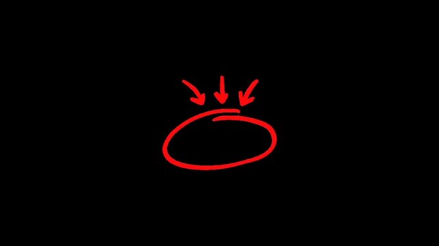 A red hand drawn illustration of a simple oval shape with three arrows pointing downwards from the top on a black background