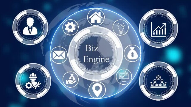 Biz engine concept with glowing circular representing business management and technology connectivity on a dark blue background