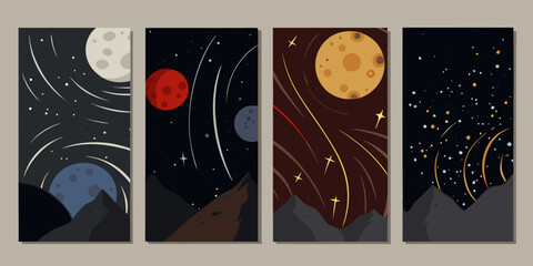 Celestial Bodies And Mountain Silhouettes Retro styled Vector Illustration Set © Tarun