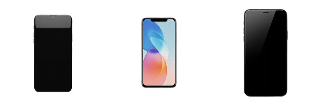 Modern Smartphone Mockup Set Isolated on White Background, Smart Phone with Blank Touch Screen and Colorful Display Display