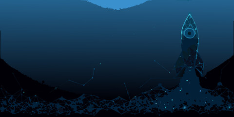 Rocket Launch Illustration With Polygon Mesh And Dark Blue Background © Tarun