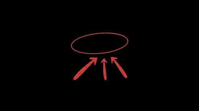 A red hand drawn circle with three red arrows pointing up from below on a black background