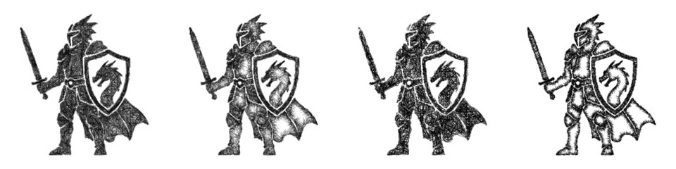 Fototapeta premium Sketch monochrome dragon knight icon design set
