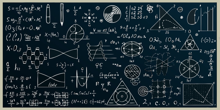 Scientific formulas and geometric shapes on a chalkboard background