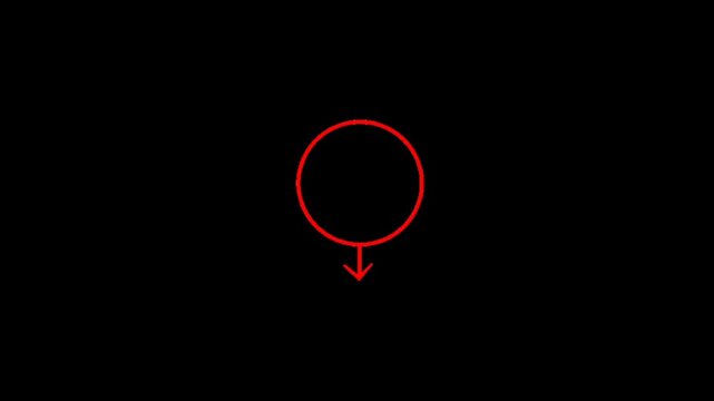 A red circle with an arrow pointing downwards in the center of a black background