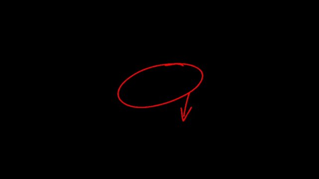 A red hand drawn oval shape with an arrow pointing downwards on a black background