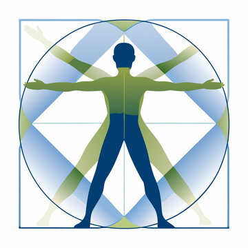 Vitruvian Man Illustration With Geometric Shapes And Blue Green Tones