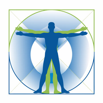 Vitruvian man illustration with geometric shapes and dual tone coloring