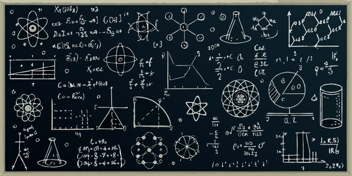 Scientific formulas and diagrams hand drawn chalkboard style illustration