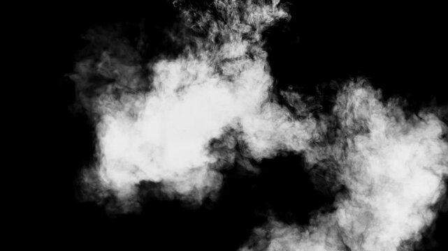 White ink injected into clear water on a black background, expanding into complex, smoke-like cloud patterns. Slow-motion footage for effects overlays, backgrounds, text transitions, or luma mattes.