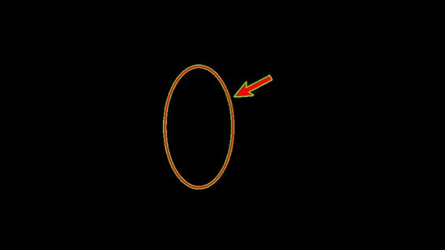 A simple orange circle with a red arrow pointing to it on a black background
