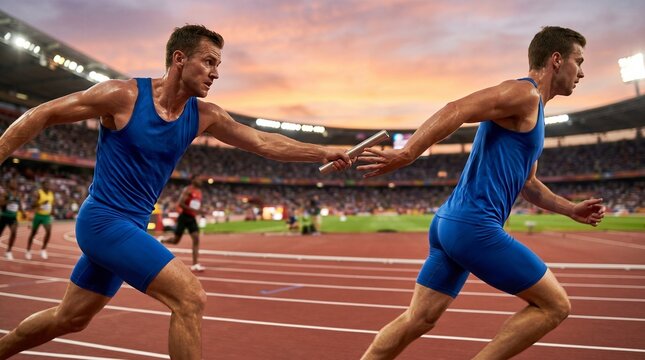 Athlete passing baton during relay race on Olympic track at sunset teamwork speed coordination performance sports concept.