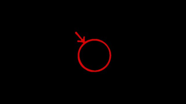 A simple red symbol representing the male gender on a black background