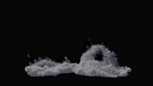 Abstract 3D motion graphic featuring dynamic smoke particles and fluid simulation on black background.