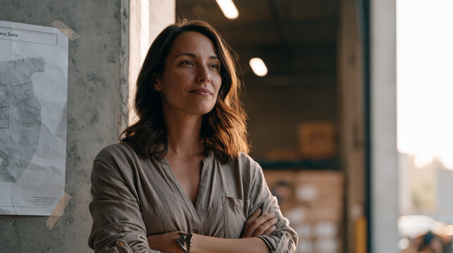 Small distribution company owner stands in her industrial loading bay pivoting operations, directing a small crew rearranging shelving from retail to meal kit fulfillment, printed