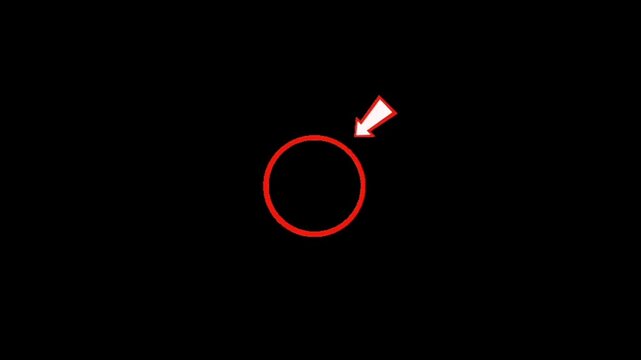 A red circle with a white arrow pointing to the top right on a black background