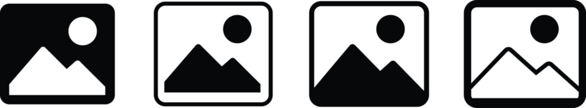 Four black square depicting a mountain landscape with a sun in the sky, presented in different styles on a white background, for web use