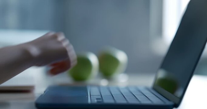 Cinematic Close-Up of a Teenager Typing on a Stylish Blue Laptop in a Modern Minimalist Workspace with Natural Light and a Green Apple. modern efficiency, digital fluency, and youthful

