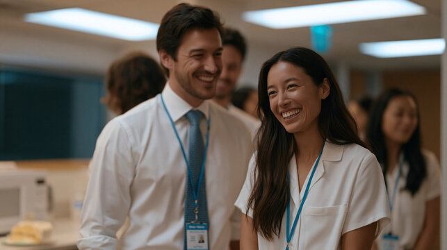 Group of call center employees huddles near a break room microwave during a shift overlap, laughing about a shared coworker legend, genuine camaraderie visible in their relaxed