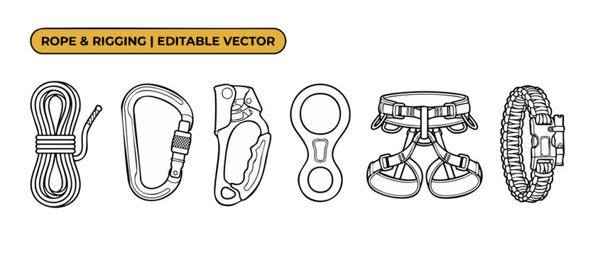 Rock climbing gear icons vector set featuring rope, carabiner, harness, descender, ascender, and paracord bracelet for outdoor adventure sports design projects. Minimal black and white line art icons.