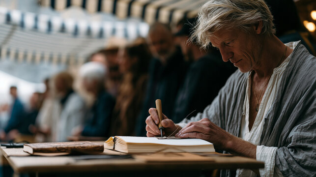 Lone bookbinder at a rain-soaked market stall covers a handmade journal in hand-tooled leather, a queue of customers watching over the shoulder, awl and needle visible mid-stitch,