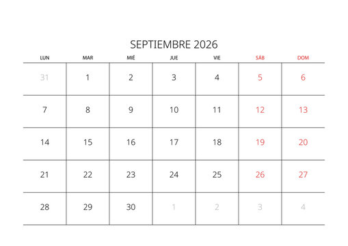 September 2026 Spanish Minimalist Wall Calendar Page Corporate Project Management Layout