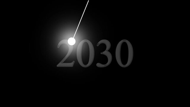 Glowing white light pointer touching the dark embossed number two thousand thirty on a black background for future date concept