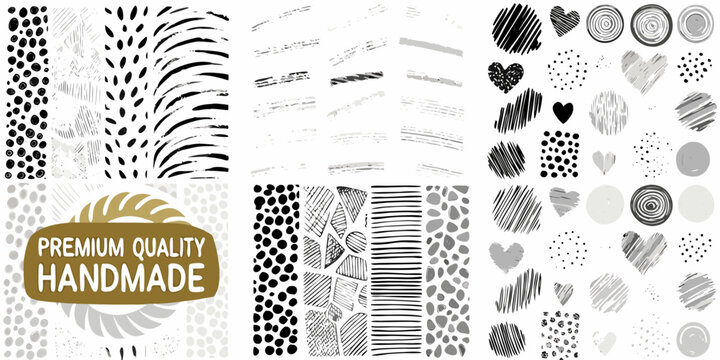 Grunge brush stroke patterns monochrome vector illustration set
