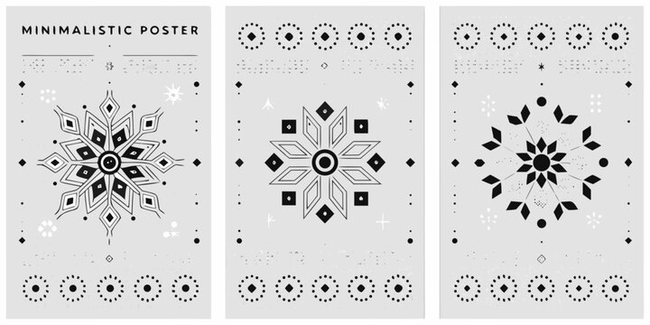 Geometric floral ornament series with dotted border black and white