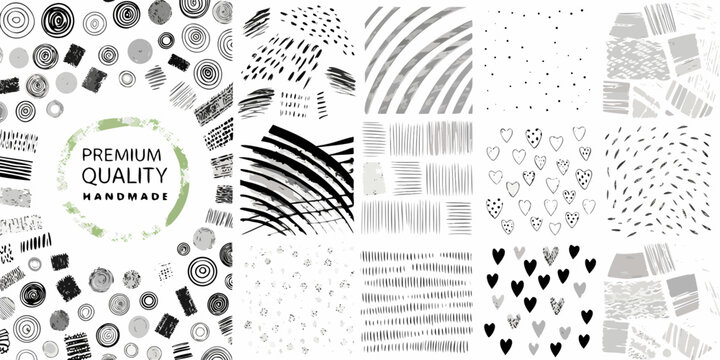 Grunge brushstroke pattern collection grayscale vector illustration on white background