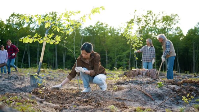 Asian woman planting tree sapling on reforestation site. Female volunteer kneeling and placing soil around young tree while community members restoring woodland after deforestation. Eco recovery.
