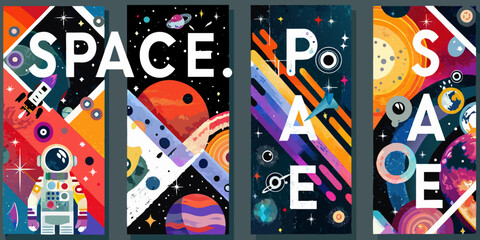 Space Exploration Posters Vintage style Vector Illustrations With Celestial Elements © Mityunjoy