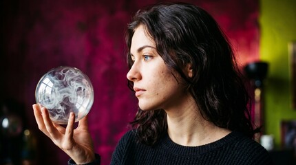 Naklejka premium A woman in profile gazes intently at a clear glass sphere swirling with white smoke. The vibrant magenta and green background highlights a mystical sense of divination.