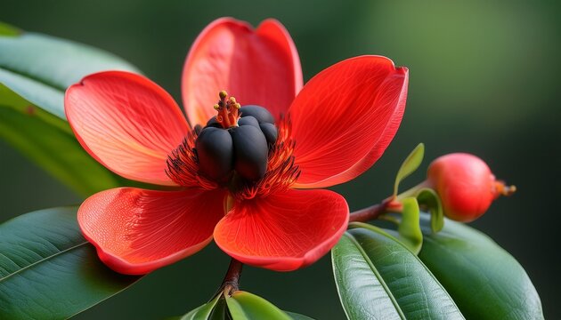 ochna serrulata plant showing red sepals and black berries on green leaves