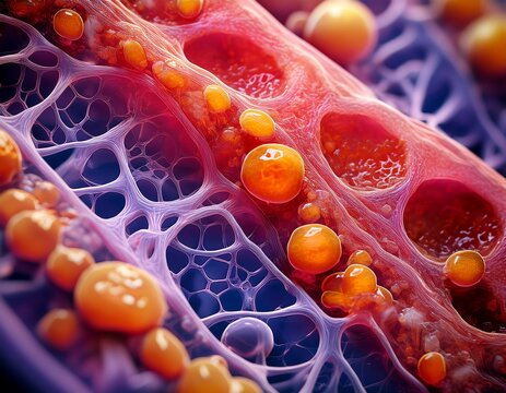 liver triglyceride storage in cells shows fat droplets and organelles in detailed microscopic view of biological tissue