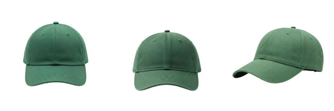 Blank Green Baseball Cap PNG Mockup Set. Plain Dark Green Dad Hat Clipart Collection from Front and Side Angles. Isolated Sports Cap Graphics for Apparel Design Templates and Branding on Transparent B