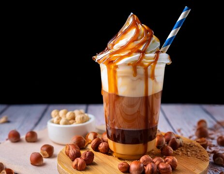 iced coffee with vanilla swirls and caramel drizzle on top of a layer of crunchy hazelnut praline dessert drink flavored coffee drink colorful drink