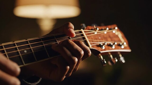 close up of african person hands playing acoustic guitar. musician fingers pressing strings on fretboard. warm moody lighting. music hobby, creative leisure, learning melody.