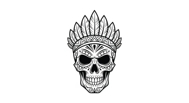 Detailed Skull with Feathered Headdress Design.