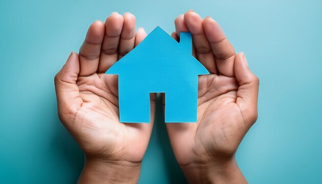 two pairs of hands holding a blue paper cutout house shape against a soft light blue background representing home