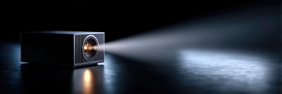 Portable mini projector emitting a bright light beam across a dark, reflective surface, symbolizing home cinema, entertainment, presentations, and technology innovation