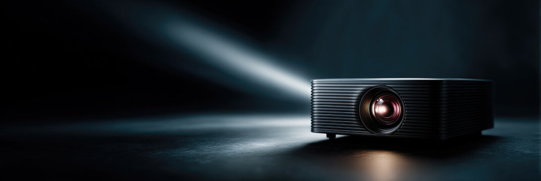 Portable mini projector casting a bright light beam, creating an immersive home cinema experience, illustrating modern entertainment technology and video projection