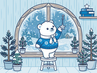 Fototapeta premium Kawaii Polar Bear Hanging Star Ornament on Christmas Window with Frosty Winter Landscape Outside