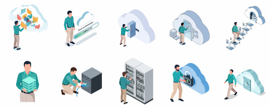Set of isometric illustrations for cloud computing, data storage, server management, and cybersecurity concepts with male character.