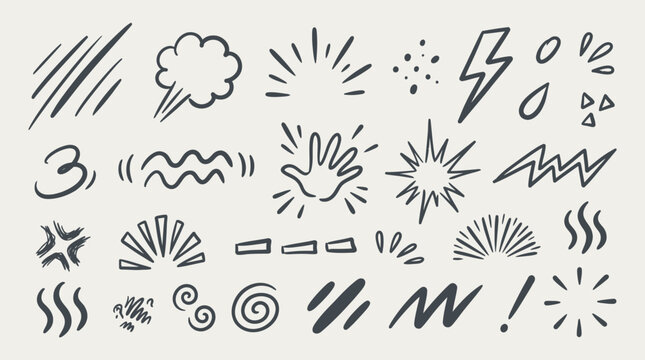 Hand Drawn Comic Book Action Effects Doodles Set Featuring Explosions Sparks and Impact Lines
