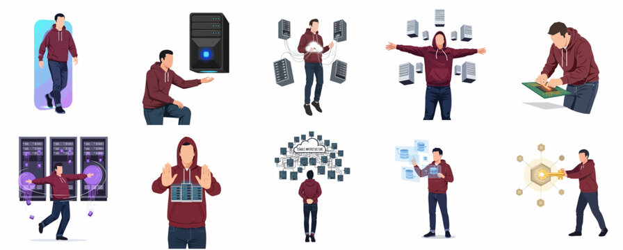 IT specialist and system administrator character set managing server infrastructure, cloud computing, cybersecurity, and network data management in flat vector illustration style.