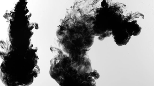 Footage of pure black ink injected into clear water on a white backdrop, dynamically expanding into dense, elegant clouds and smoke-like textures.Overlays, effects, transitions, and luma mattes.