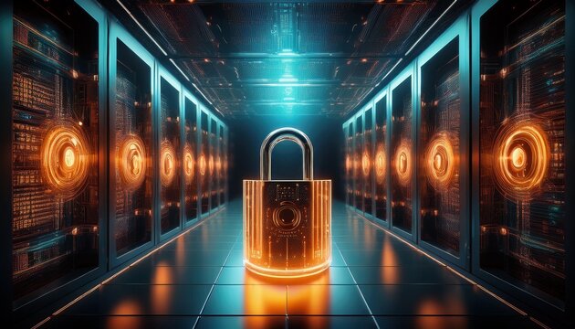 transparent digital padlock with glowing orange light rings inside a dark server room with rows of computer hardware
