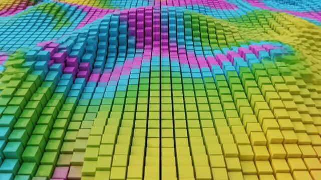 Abstract Colorful Cubes Animated Moving Up and Down in a Gridded Pattern Creating a Wave-like Terrain